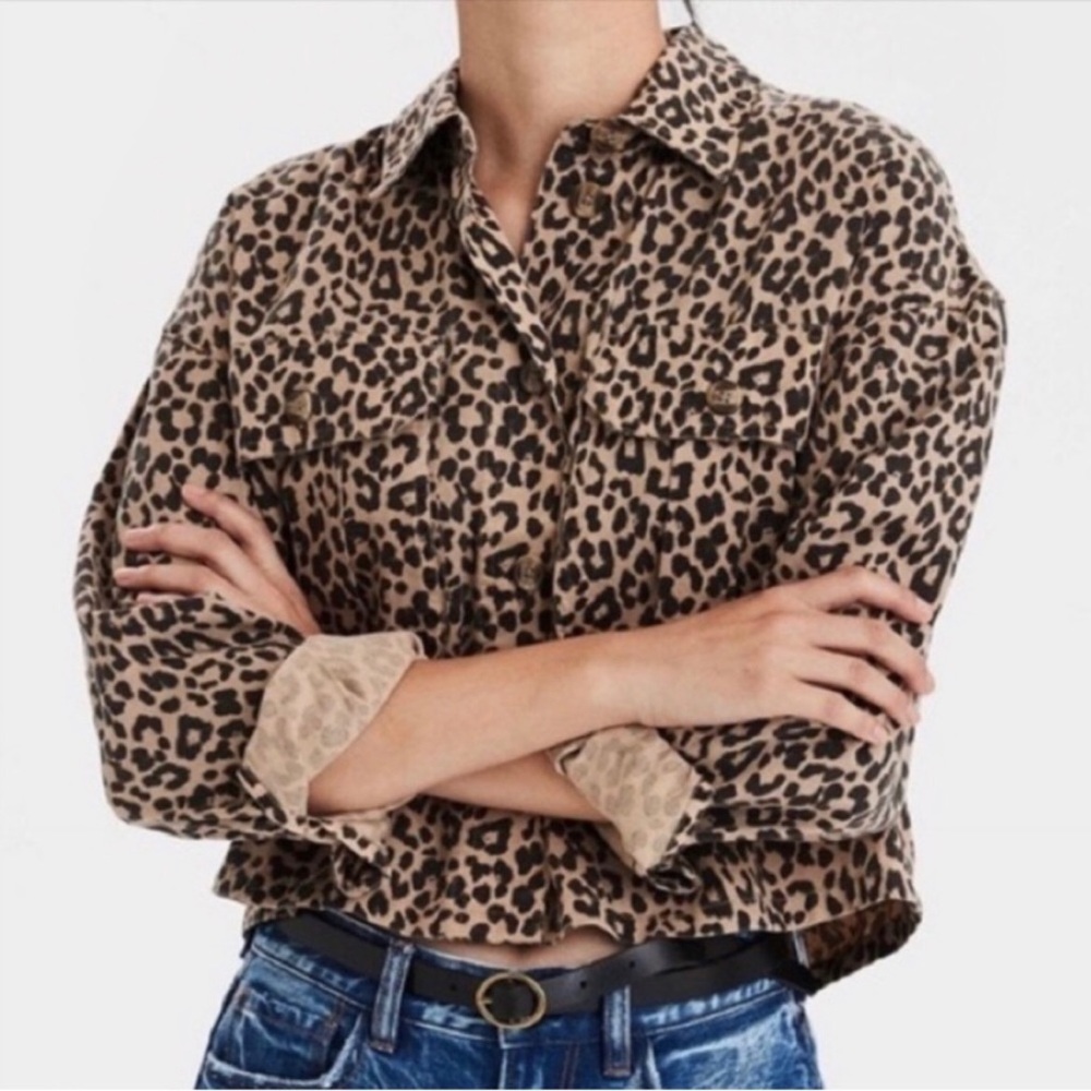 American Eagle Brown Leopard Print Cropped Button Up Cotton Jacket XS